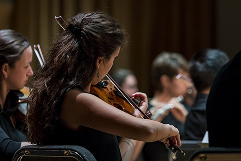 A violinist with dark hair is playing during a performance